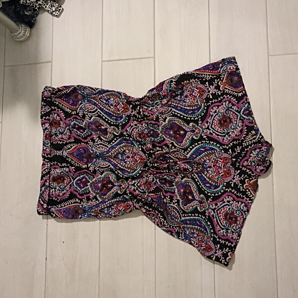Angie Strapless Paisley Romper in Black, Purple & Teal